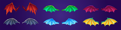 Set of fantasy wings of dragon, demon or bats myth or fable creatures. Different wing pairs, glowing, ragged colorful magic collection for rpg game characters, isolated Cartoon vector illustration