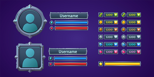 game ui profile, user menu interface 2d graphic design with  for avatar, username plaques, life or power scales, and assets score. rpg for pc or mobile screen, cartoon vector illustration