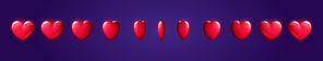 Animation sprite sheet of red heart rotation. Vector cartoon set of 3d spin of health icon in game interface. Symbol of love, Valentines day, romantic emoji isolated on background