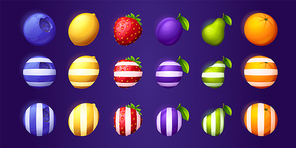 Fruit and berries icons for ui mobile game or casino slot machine. Vector cartoon set of food symbols, blueberry, orange, plum, strawberry, lemon and pear with white stripes