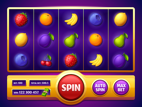 Slot machine game screen with fruits, online casino gambling entertainment. Spin reel for mobile with plum, bananas or cherry, blueberry, pear and orange, lemon and strawberry 3d vector cartoon design