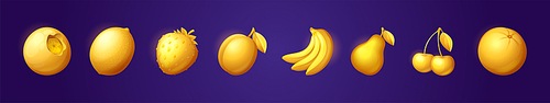 Gold game fruits icons for casino slot machine, gambling, lotteries or mobile puzzle ui elements. Plum, bananas or cherry, blueberry, pear and orange with lemon and strawberry bonus 3d vector set
