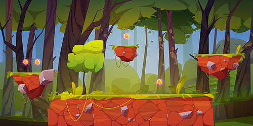 Game level background with platforms and items. Vector cartoon landscape of forest, trees, flying islands with green grass and shiny spheres for gui interface of arcade game