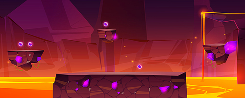 Game level background with platforms over lake of lava in stone cave. Vector cartoon landscape of mountain cavern with molten magma, flying islands with pink crystals and shiny spheres for arcade game