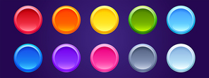 Colored round web buttons isolated on . Vector set of empty bright circle tags, 3d badges for website, game or mobile app. Blank Internet push buttons