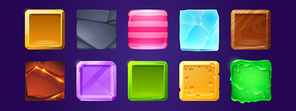 Square buttons with wooden, stone, gold and ice textures for ui game design. Vector cartoon set of glossy labels from cheese, purple crystal, striped candy, lava and green slime