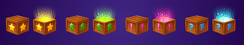 Isometric wooden boxes with different signs and magic light inside. Vector cartoon set of open and closed wood crates with gift, money or surprise for game gui design