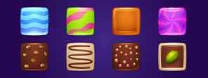 Square buttons with texture of chocolate and hard sugar candies. Vector cartoon set of glossy icons from lollipop, caramel with wavy stripes, dessert with pistachio and crumbs isolated on background