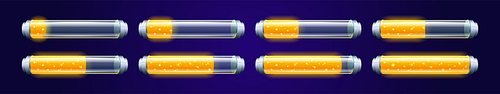 Mobile phone battery charge levels from low to high. Vector realistic illustration of full, half and empty glass container with golden shine. Loading or progress bar for game interface