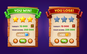 Game ui interface boards with level score, win or lose bar, golden stars and buttons. Vector cartoon set of gui elements with wooden planks, paper and ribbons, screens of complete game level