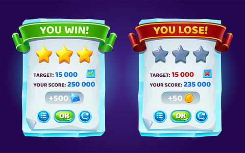Game ui interface boards with level score, win and lose banners with golden stars and buttons. Vector cartoon set of gui elements with planks from ice, paper and ribbons