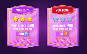 game ui interface boards with level score, win and lose banners from purple crystal with golden . vector cartoon set of gui elements, complete and failed level screens with gold stars and buttons