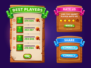 Game menu, wooden gamer ui panel with buttons, cartoon interface with gui elements. Best players, rate us, share and connect wood boards with user profiles, rating stars, banners isolated vector set