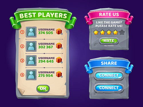 game ui interface boards with best players list, rate and share banners. vector cartoon set of gui elements, screen with winners usernames, feedback  with stars and connect buttons