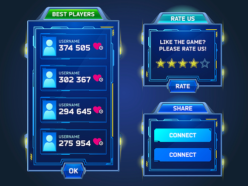 game s in sci fi style with best players list, rate and share banners. vector cartoon set of blue futuristic gui elements, board with winners usernames, feedback with stars and connect buttons
