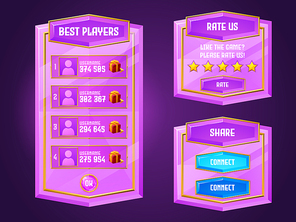 Diamond game menu, gamer ui panel with buttons, pink cartoon crystal interface with gui elements. Best players, rate us, share and connect boards with user profiles, rating stars isolated vector set