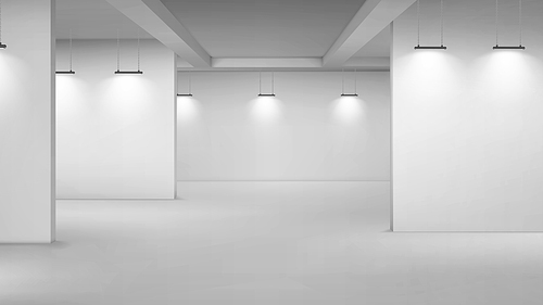 Art gallery empty interior, 3d room with white walls, floor and illumination lamps. Museum passages with lights for pictures presentation, photography contest exhibition hall, Realistic vector mock up