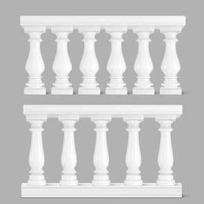 White marble balustrade, handrail for balcony, porch or garden in classic roman style. Vector realistic set of baroque stone railing, banister with pillars, antique fence with columns