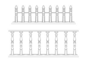 White marble balustrade, handrail for balcony, porch or garden in classic roman style. Vector realistic set of baroque stone railing, banister with pillars, antique fence with columns