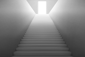 Empty staircase with light from open door on top. Vector realistic interior with stair with white steps and doorway. Concept of hope, career growth, future opportunity and success