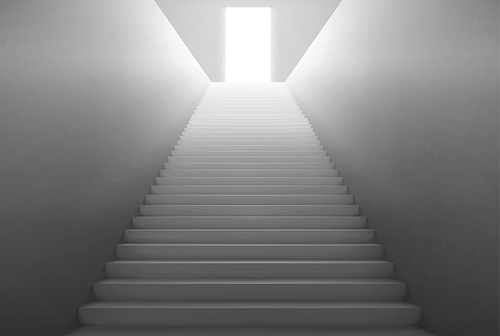 Empty staircase with light from open door on top. Vector realistic interior with stair with white steps and doorway. Concept of hope, career growth, future opportunity and success