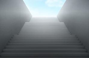 Staircase leads up to heaven. Vector realistic interior with empty stair with white steps and blue sky with clouds. Concept of hope, freedom, career growth, future opportunity and success