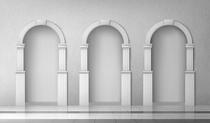 arches with columns in wall, interior gates with white pillars in palace or castle, archway s, portal entrance, antique alcove round doorway decoration element, realistic 3d vector illustration