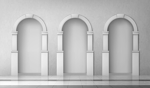 arches with columns in wall, interior gates with white pillars in palace or castle, archway s, portal entrance, antique alcove round doorway decoration element, realistic 3d vector illustration