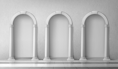 arches with columns in wall, interior gates with white pillars in palace or castle, archway s, portal entrance, antique alcove round doorway decoration element, realistic 3d vector mock up