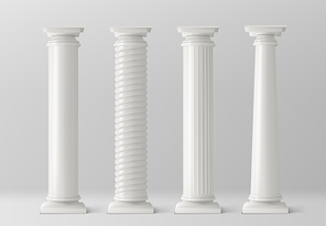 Antique pillars set isolated on white . Ancient classic stone columns of roman or greece architecture with twisted and groove ornament for interior facade design Realistic 3d vector mockup