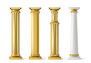 Antique gold pillars set. Ancient columns with golden decorative texture isolated on white . Roman or greece facade decoration, luxury architecture elements, Realistic 3d vector illustration