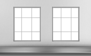 Steel table surface front of windows on white wall background. Kitchen or cafe interior with stainless silver colored desk, inner design project visualization, render. Realistic 3d vector illustration