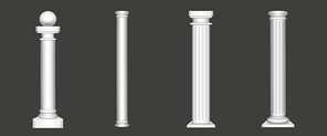 Ancient roman columns, white marble architecture decor. Vector realistic antique greek stone pillars with capitals in doric, and tuscan style isolated on gray 