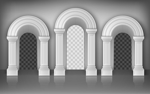 arches with columns in wall realistic vector, interior gates with white pillars in palace or castle corridor, archway s, portal entrance, antique doorway with shadow inside, 3d illustration