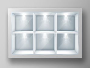 White showcase with square shelves in shop or gallery. Vector realistic mockup of empty glass display stand or bookshelf illuminated by spotlights for advertising or museum exhibition