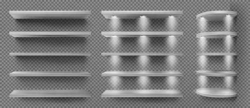Gray wooden shelves with backlight, front and corner racks on transparent wall background. Empty clear illuminated ledges or bookshelves. Design element for room decoration, Realistic 3d vector