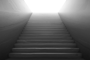 Old staircase with broken concrete steps, scratches on wall and white light on top. Vector realistic interior with empty stone stair rising from tunnel. Concept of hard career growth, future success