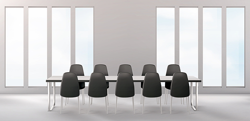 Boardroom with furniture, empty conference room with long desk and chairs around for business meetings, training and presentation, company office interior with windows and table 3d vector illustration