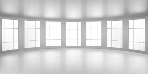 Empty round room, office with large windows, white ceiling and floor. Internal interior structure of modern city architecture, inner design project visualization, Realistic 3d vector illustration
