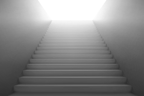 3d stairs going to light, white staircase with blank side walls. Way to business success, career ladder, architecture construction for building interior or exterior. Realistic vector illustration