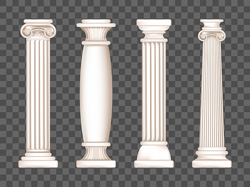 Ancient roman columns, marble architecture decor. Vector realistic antique greek white pillars with capitals in doric, corinthian, ionic and tuscan style isolated on transparent 