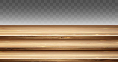 Step wooden table top, 3-tier display stand. Vector realistic mockup of empty wood shelves for showcase, presentation or promotion products. Podium from timbers isolated on transparent background
