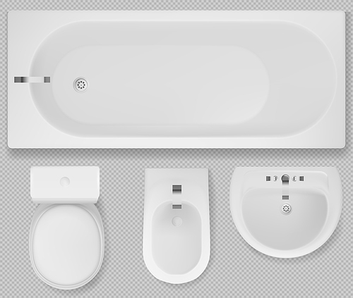 White toilet bowl, bath tub, sink and bidet top view. Bathroom interior equipment, washbasin with tap, lavatory isolated on transparent . Vector realistic 3d set of washroom furniture