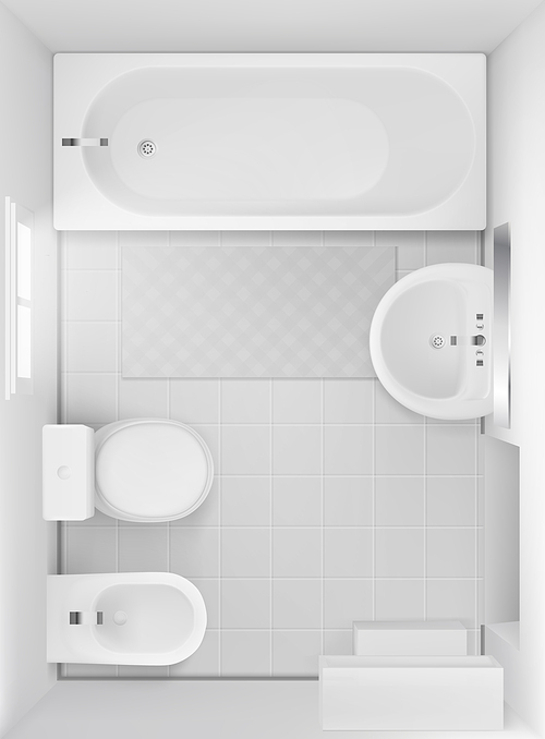 Bathroom interior top view, white room with bathtub, toilet bowl, bidet, ceramic sink with mirror and rug on tiled floor, modern lavatory visualization, home wc, Realistic 3d vector design project