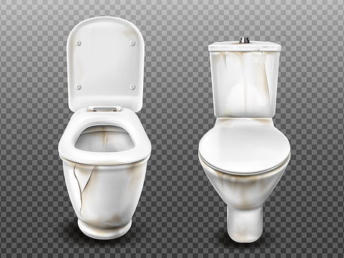 Old dirty toilet bowl with flush tank, open and closed seat lid. Vector realistic broken ceramic lavatory with limescale crust isolated on transparent 