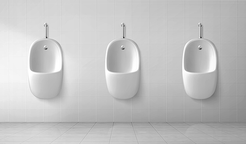 White ceramic urinal in male toilet. Vector realistic empty interior of public restroom for men with row of pissoirs on tiled wall. Illustration of washroom, lavatory, WC