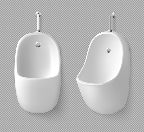 Ceramic wall urinal in male toilet front and side view. Equipment for public restroom for men, white pissoir washroom, lavatory, WC plumbing isolated on transparent  realistic 3d vector icon