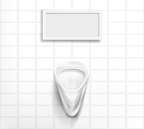 White ceramic urinal in male toilet. Vector realistic interior of public restroom for men with pissoir and empty frame for mirror on tiled wall. Illustration of washroom, lavatory, WC