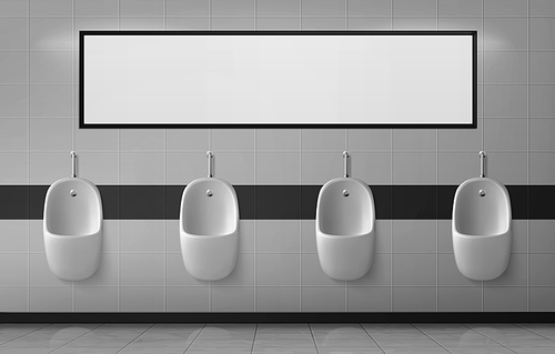 Urinals in male toilet hanging in row on ceramic wall with empty banner or mirror. Public restroom for men, washroom with white pissoirs and tiled floor, lavatory, realistic 3d vector WC plumbing