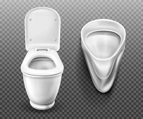 Toilet bowl and urinal for bathroom, restroom, modern male WC. Vector realistic set of white ceramic pissoir and lavatory with flush tank and open seat lid isolated on transparent 